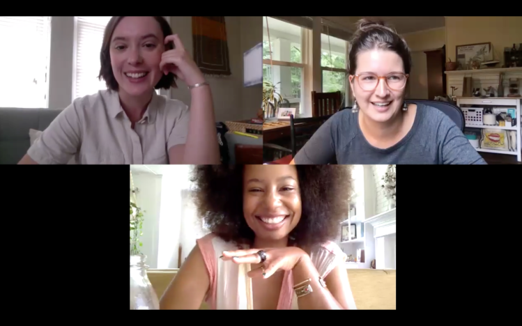 A screenshot of three young women on a video conference call